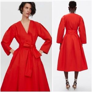 Zara Red Poplin Wrap Midi Dress M Belted V-Neck Cotton A-Line Long Sleeve NWOT